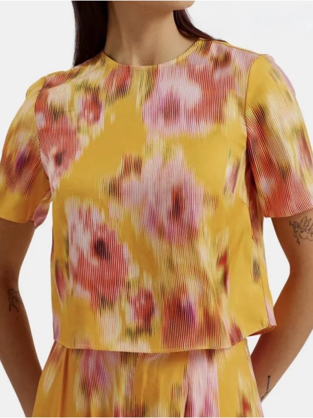 Ted Baker London Yellow Pink Floral Short Sleeve Pleated Top